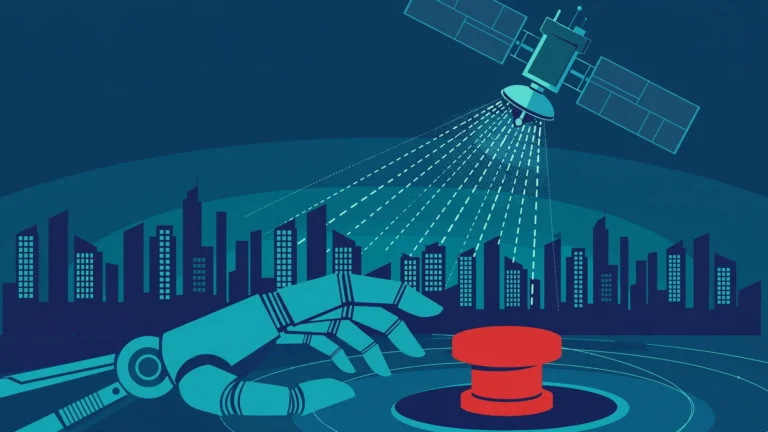 Satellite beaming signal over a city skyline with a robot hand near a red emergency stop button, illustrating October 11 tech news themes.