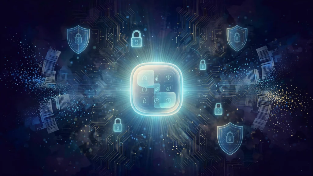 Abstract illustration of a glowing smart-home hub surrounded by cybersecurity shield and lock motifs