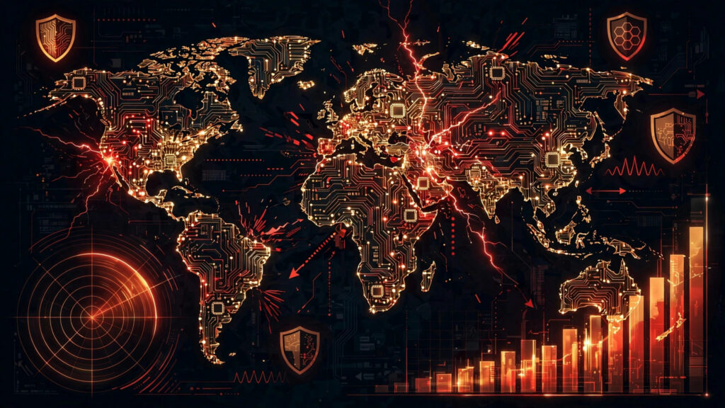 Abstract illustration of a world map under cyberattack with rising vulnerability-disclosure bars