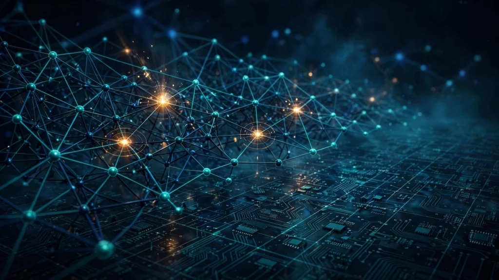 Abstract illustration of a glowing neural network mesh probing targets, representing AI agents in cybersecurity