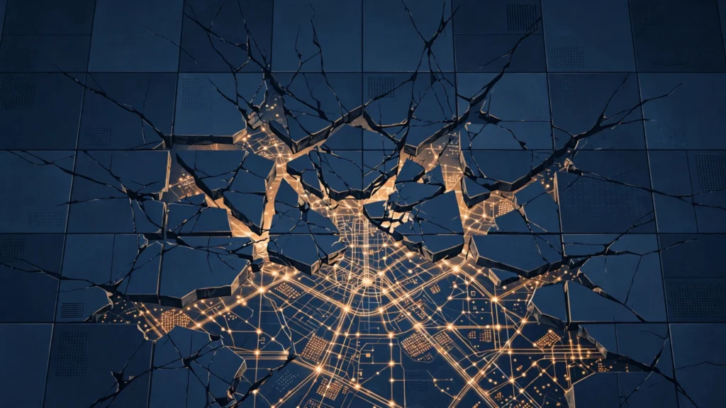 Abstract illustration of a fractured data center floor beneath a glowing network, for the October 21, 2026 tech news post.