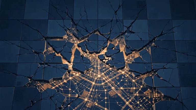Abstract illustration of a fractured data center floor beneath a glowing network, for the October 21, 2026 tech news post.