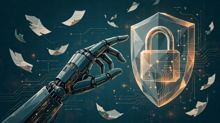 Illustration of a robotic hand reaching toward a glass shield with a lock, symbolizing AI agents and digital privacy