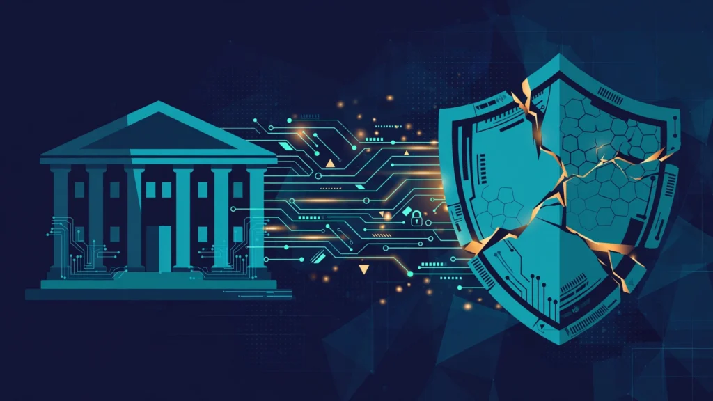 Illustration of a bank building and a cracked digital shield connected by circuit traces