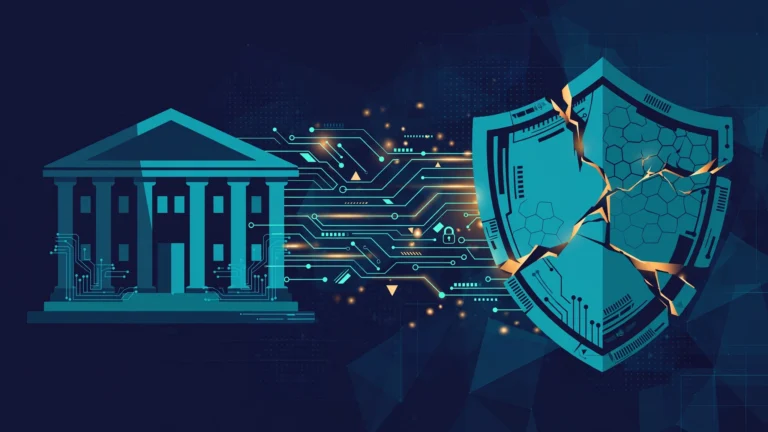 Illustration of a bank building and a cracked digital shield connected by circuit traces