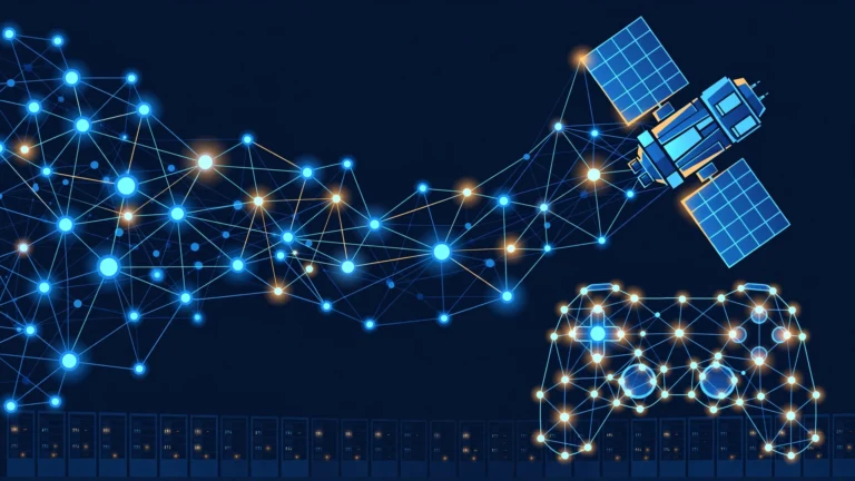 Abstract illustration of a neural network flowing into a satellite, game controller, and server racks, representing the day's AI and infrastructure news.