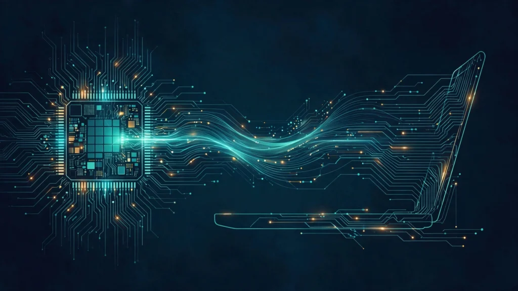 Abstract illustration of a processor chip streaming circuit traces into a laptop silhouette, in dark navy and teal tones.