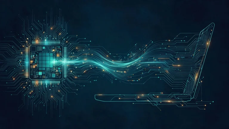 Abstract illustration of a processor chip streaming circuit traces into a laptop silhouette, in dark navy and teal tones.