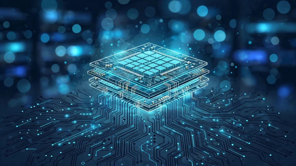 Abstract illustration of a glowing memory chip over circuit traces, representing the AI memory boom behind Samsung's record quarter